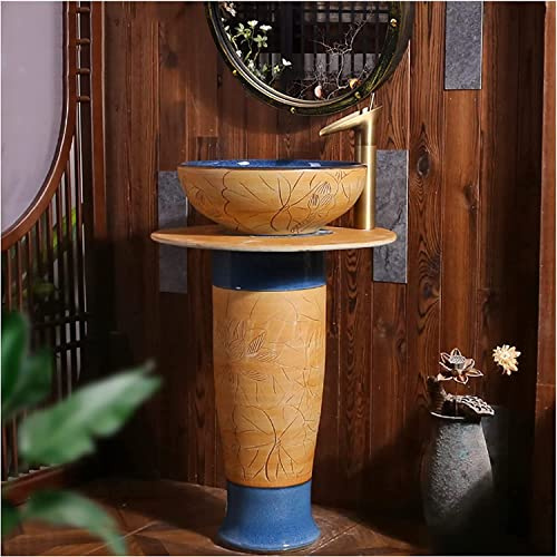 Art Bathroom Basin Sink with Full Pedestal, Pedestal Handcrafted Ceramic washbasin, Round Freestanding Sink,D-Without Mirror (L Without Mirror)