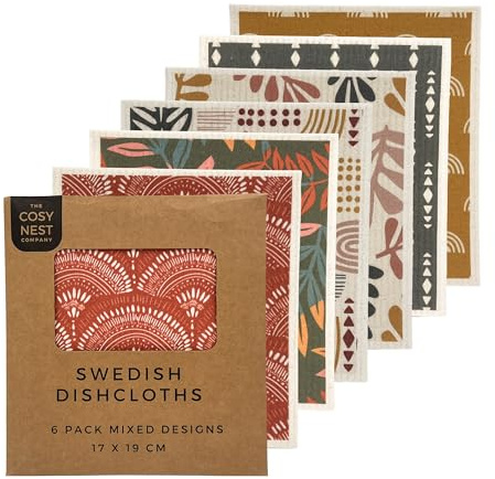 The Cosy Nest Company Swedish Dishcloths Pack of 6, Reusable Dish Cloths for Washing Up, Absorbent Sponge Cloths for Kitchen Cleaning, Eco Friendly Compostable Plastic Free, Bohemian Design