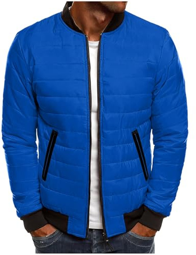 Mens Bomber Jackets Quilted Winter Rib Varsity Lightweight Coat Full Zip Slim Fit Cropped Coats Warm Jackets with Zipper Pockets Windbreaker Padded Coats Blue XXL