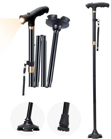 Sinocare Walking Stick, Adjustable Folding Walking Sticks for Women and Men, Lightweight, Portable, Collapsible, with a Lighting Lamp, Travel Walking Cane for Women and Men, Black