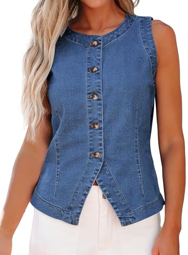 Roskiky Denim Vest Tops Women Uk Women'S Gilets Sleeveless Strechy Jean Vest Summer Western Waistcoat