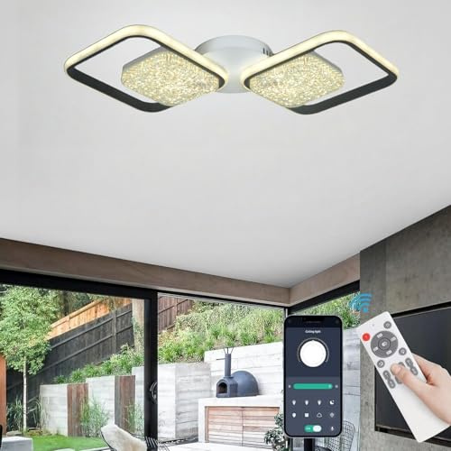 AzoeieiK Plafonnier LED 65cm 58W, 3000K-6500K Dimmable Moderne Luminaire Plafonnier, Noir Plafonnier Salon, 3876LM Lustre Salon pour Cuisine, Salle à Manger, Chambre (F, 2+2)