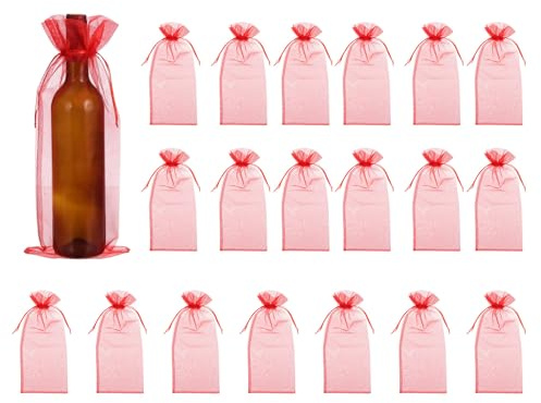 QUARKZMAN 14,5 x 5,5 tum Organza vinröda väskor, 20 st genomskinliga Organza-flaskor dragskoväskor för vinröd förpackning för födelsedag jul bröllopsfester, ljusröd