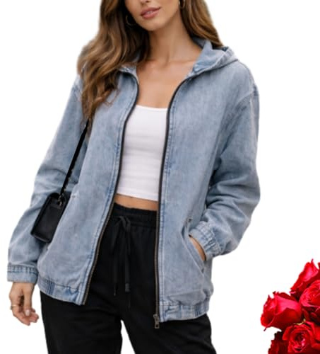 GAGFDA Giacca in denim da donna con cerniera, con cappuccio, giacche di jeans allentate da donna, primaverile e autunno, casual, a maniche lunghe, con cerniera intera, con cappuccio oversize con