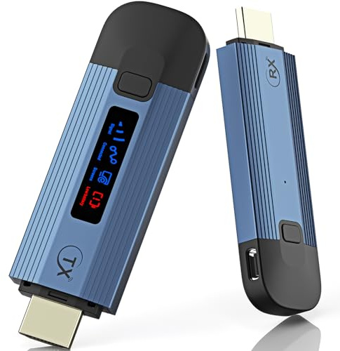 VOVIPO Transmetteur et récepteur HDMI sans Fil 4K, Plug & Play Extenseur sans Fil Portable Boîtier en métal avec écran LED émetteur et récepteur sans Fil,Bleu