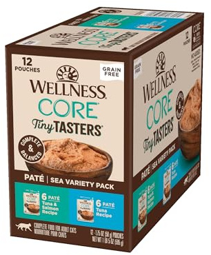 Wellness CORE Tiny Tasters Pate Variety Pack Adult Wet Cat Food, Natural, Protein Rich, Grain Free, Sea Recipies, 1.75 oz, Pack of 12 Pouches