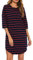 Vlazom 3/4 Ärmel Nachthemd V-Ausschnitt Damen Nachthemd mit Zwei Knöpfe Baumwolle Streifen Schlafhemd Damen Nachtwäsche mit Taschen(XL,Stil A-Blau+Rot)