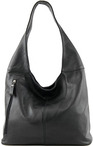 modamoda de T155 Damen Leder Shopper Schultertasche Large handmade in Italy, Farbe:Schwarz