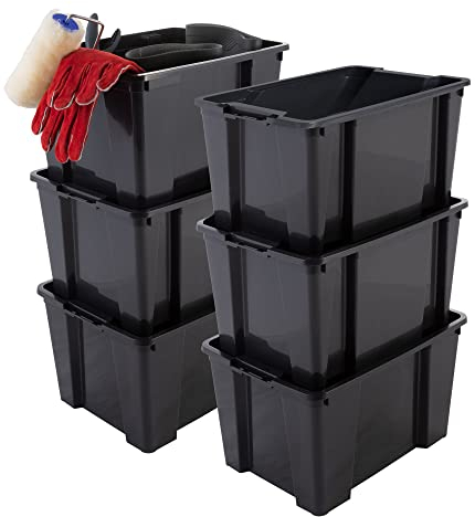 Iris Ohyama, Caja de almacenamiento de plástico, Caja de almacenamiento de garaje de 45 l, Lote de 6, HB-15, Negro, Apilable, Sin tapa - L35 x F26,5 x A22 cm
