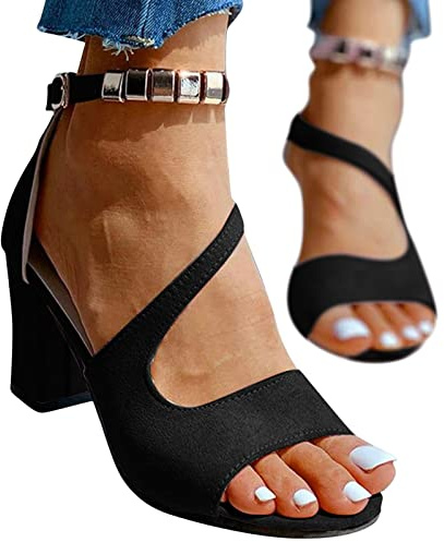YANFJHV Sandalias de tacón para mujer, de verano, de noche, con puntera abierta, elegantes, de verano, sandalias de tacón alto, sandalias de fiesta, sandalias de mujer con hebilla