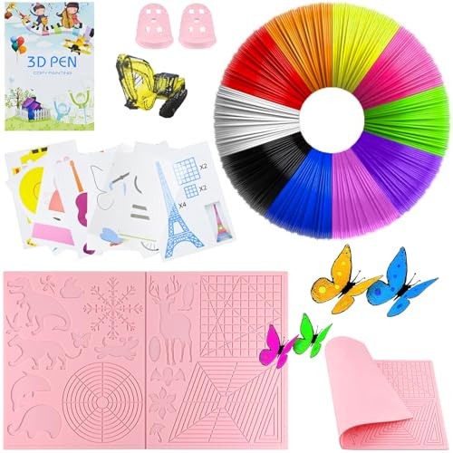 Modello di penna 3D |penna a pressione 3D PLA Seta|Stencil Pad in silicone |Modello per penna 3D |Protezione dita 10 colori 1,75 mm totale 50 m, grande cuscinetto in silicone, nota: questo set non