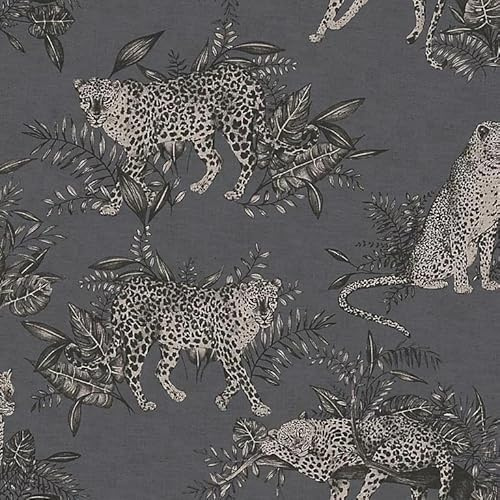 Lounging Leopard Grey Wallpaper - Animal Print Botanical Leaves - Modern Feature Wall Textured Paste The Wall Vinyl