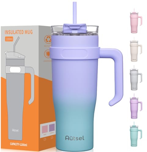 Autsel 40oz Trinkbecher mit Deckel und Strohhalm,1200ml Thermobecher mit Strohhalm und Henkel, Doppelwandiger Edelstahl Vakuum Isolierbeche Kaffeebecher to Go, Tragbare Auto Becher