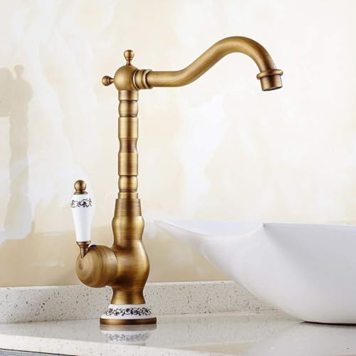 Namuoto Grifo de Lavabo Alto Retro Grifo Baño Lavabo, Mango de Cerámica Alto-Caño Giratorio Grifo Fregadero Monomando de Baño o Cocina (LatóN Antiguo)