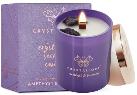 CRYSTALLOVE Duftkerze im Glas - Natürliche Soja-Kerze mit Amethyst und Lavendel - Candle - Geschenk Kerze - 220g - lang anhaltende Kerze für Zuhause - Blumenduft