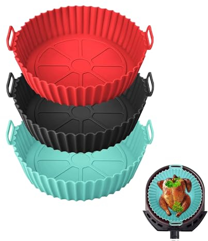 Atsmoce® 3 Pezzi Teglia in Silicone 20 cm per Friggitrice ad Aria, Cestello in Silicone, Adatto per Forno, Riutilizzabile e Semplice da Pulire (B)