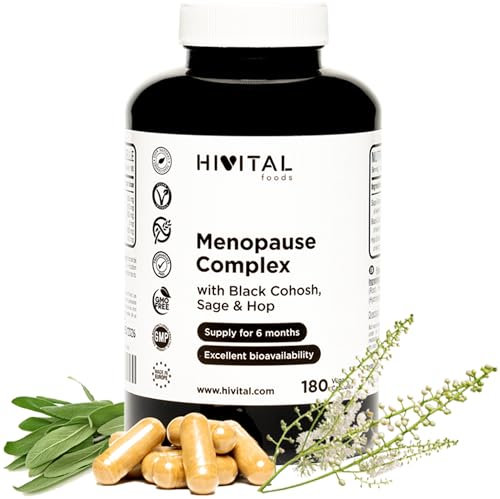 Menopausia Complex. 180 cápsulas veganas para 6 meses de tratamiento. Con Extracto Natural de Salvia, Cimicífuga y Lúpulo. Fabricado en España por HIVITAL