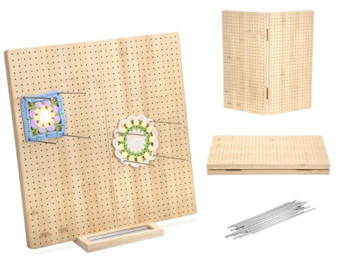 OGANAZI Foldable Crochet Blocking Board, Wooden Knitting Blocking Mat with 30 Pcs Stainless Steel Pegs, Large Granny Square Blocking Board for Crocheting Knitting Projects Gifts for Mom, 43*43*2cm