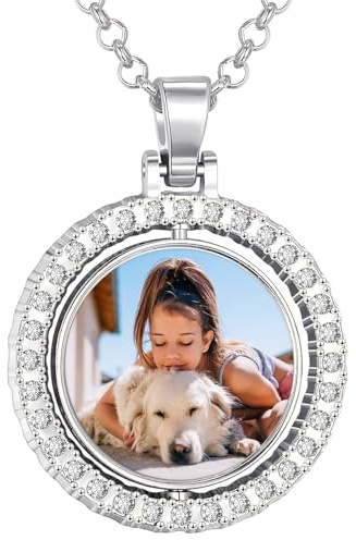 FAMIPAWS Collier avec photo personnalisé pour homme et femme - Médaillon souvenir d'animal domestique - Chaîne circulaire - Bijoux Hip Hop - Ailes d'ange/cœur/rond/plaque d'identité de chien, Zinc