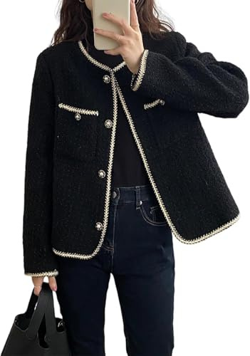 Veste en Tweed Vintage française pour Femmes Blazer en Tricot décontracté à Manches Longues Veste à col Rond à Simple Boutonnage Veste Streetwear