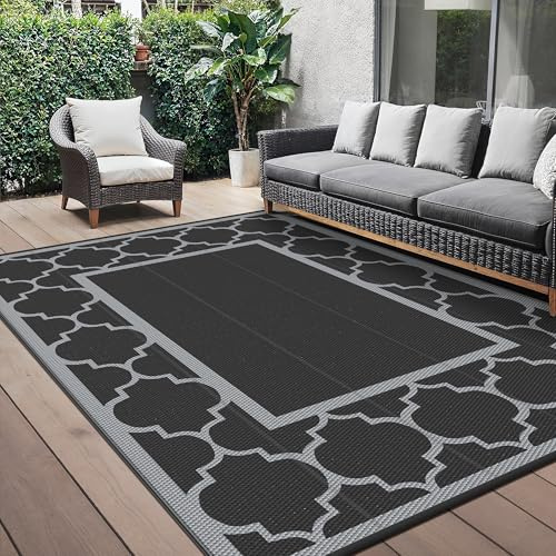 GENIMO Outdoor Teppich Wetterfest 180 x 275 cm, Balkonteppich Wasserfest für Terrasse, Gartenteppich Beidseitig Kunststoff, Aussenteppich in 5 Größen, Schwarz & Grau Morocco Spalier