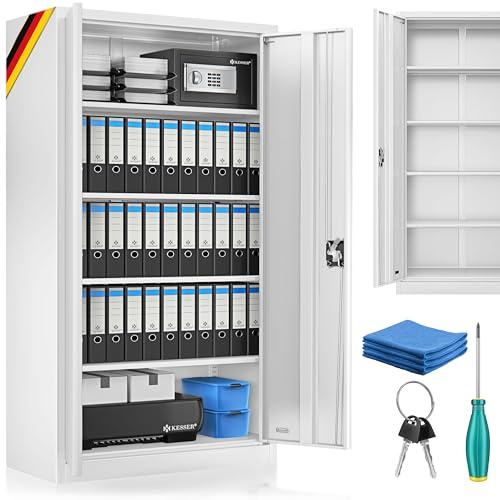 KESSER® Aktenschrank abschließbar mit Flügeltüren 180x80x40cm | Büroschrank aus Stahl mit 4 höhenverstellbaren Einlegeböden | Mehrzweckschrank 5 flexible Fächer, max. 40 kg pro Fach, inkl. 2 Schlüssel