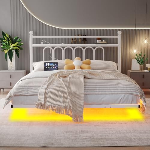 JELUTE Double Floating Bed Frame 135 x 190 cm, Platform Bed with LED Lights and Charging Station, Supports up to 500 kg, No Box Spring Needed, Noise Free, White
