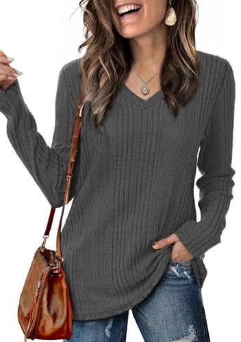 GLEENOD Pull Femme Col V Manches Longues Maille Fine Tunique Haut Tricot Léger Chic Élégant Basique Automne Hiver Bureau, S à 2XL