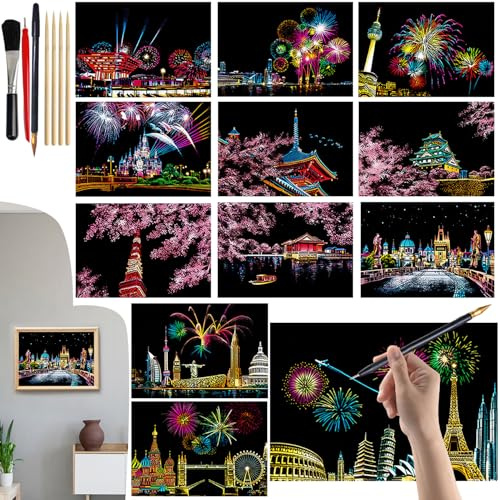 VLYX Arte da Grattare per Adulti e Bambini - Kit da 12 Pezzi Note Arcobaleno con Strumenti per Grattare, Forniture Artistiche Creative per Bambini & Adulti (Serie Fuochi d'artificio)