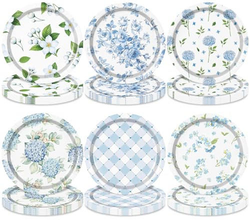 PhyLence 48 Pieces Blue Floral Paper Plates – 7 Inch Disposable Flower Pattern Dessert Plates with 6 Elegant Designs for Tea Parties, Garden Weddings, Baby Showers, and Spring Celebrations