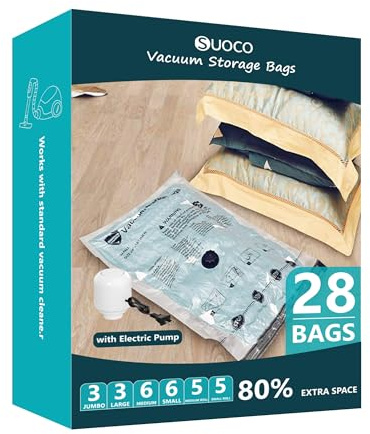 Travel Vacuum Storage Bags with Electric Pump, Space Saver Seal Compression Packing Bags for Clothing Bedding Comforters Blankets Pillows Clothes, 28 Combo