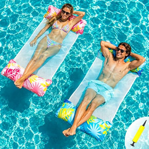 Pool Hammock Floats Adults 2 Pack, 4 IN 1 Multi-Purpose Inflatable Swimming Pool Floats Water Hammock, PVC Material Pool Toys, Inflatable Hammock Lounger Floaties with Air Pump (Blue+Red)