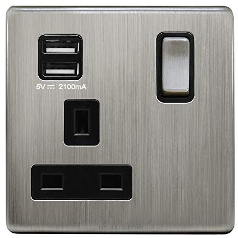 1 Gang USB Switch Socket 13A Twin Port Brushed Chrome Single Plug Wall Outlet N501DME