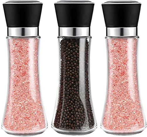 Moulin à Poivre et Sel Lot de 3, Moulins à Épices Manuels avec Meule en Céramique Réglable, Salière et Poivrière, 18.5cm
