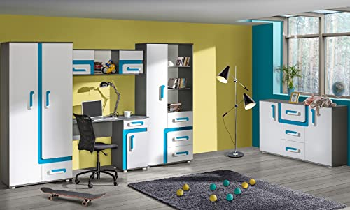 Marmex Kinderzimmer Set Appetito Bis 3A, im Set: Kleiderschrank 01,Großes Bücherregal 04, Große Kommode 07, Schreibtisch 09, Wandregal 10 (Korpus: anthrazit + Front: weiß + Einsatz:Türkis)