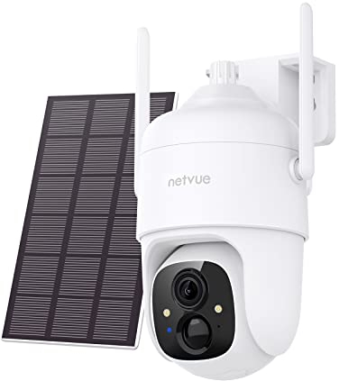 NETVUE Caméra Surveillance à Batterie avec Panneau Solaire, Camera IP WiFi sans Fil Rechargeable, Caméras 360 1080P avec Projecteur, Vision Nocturne, PIR Détection Mouvement, IP65 Étanche (Blanc)