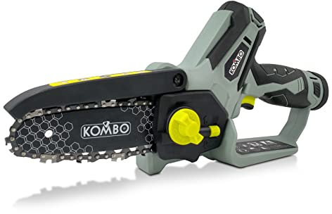 KOMBO PRO - Motosega a Batteria 12V con 2 Batterie Ricaricabili, Barra 15,5 cm, Catena 3/8, Taglio fino a 12 cm, Tendicatena SDS, Guanti DPI Classe 2 Inclusi