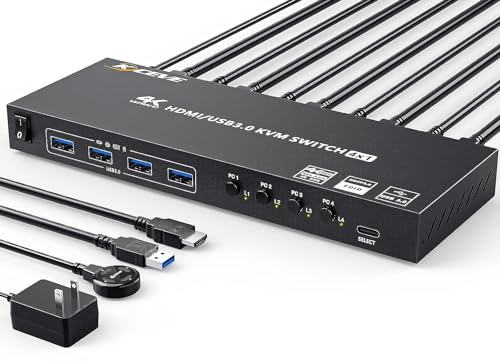 MLEEDA HDMI KVM Switch 4 PC 1 Monitor 4K@60Hz, Simulation EDID, Commutateurs KVM pour 4 PC Partageant 1 Monitor et 4 Ports USB 3.0 Clavier Souris, avec Contrôleur de Bureau et 5 Câbles