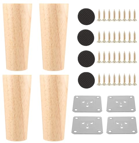 YOUNTHYE 4 Stück Möbelfüße Holz 12cm Rund Möbelfüße Massivholz Ersatz Tischbeine Holz mit Montageplatten und Filzgleiter für Sofa, Bett, Couch, Stuhl