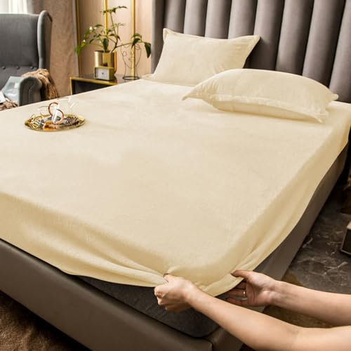 Tospass Winter Warme Spannbettlaken 180x200 cm Cashmere Touch Flauschige Fleece Biber Samt Flanell Plüsch Spannbetttuch Kuschelig Bettlaken für Boxspringbett Topper Matratze bis 30 cm Hohe Creme Weiß