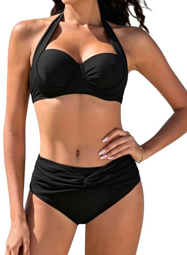 JFAN Costume da Bagno Donna Push Up Halter Imbottito Reggiseno Bikini Donna Due Pezzi Vita Alta Bikini Mare Curvy Pantaloncino da Bagno Swimwear,Nero,L