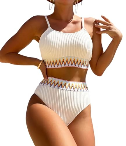 Enwokran Dam Baddräkt Hög Midja Push Up Sport Bikini Halter Badkläder Tvådelad Vadderad Utskärning Med Justerbar Rem, Vit, XL