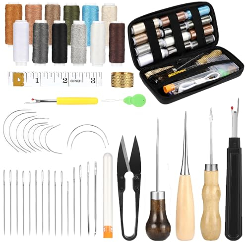 48 Piezas Herramientas Cuero Kit de Costura el Kit de Costura de Cuero Multiusos Incluye Agujas, PunzóN de Coser, Abridor de Costuras, Dedal y 12 Colores de Hilo de ReparacióN