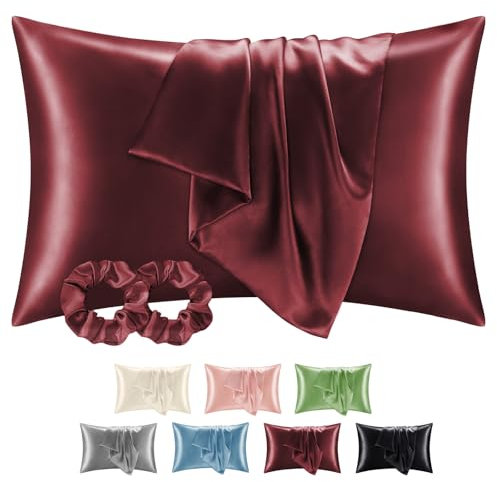 BEDELITE Satin Kissenbezug 40 x 80 Rot - Kopfkissenbezug 2er Set Weich wie Seidenkissenbezug 40x80 Sommer mit 2 Haargummis für Haar und Haut, Similar to Silk Pillowcase Pillow Cover