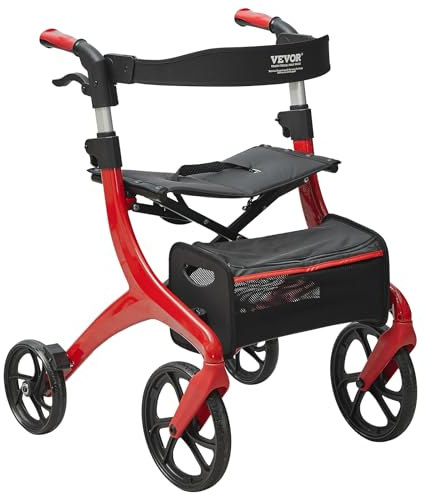 VEVOR Folding Rollator Walker for Seniors and Adults, Lightweight Aluminum Rolling Walker with Seat and Adjustable Handle, 4-Wheel Outdoor Mobility Walker with Spacious Storage Bag, 300LBS Capacity