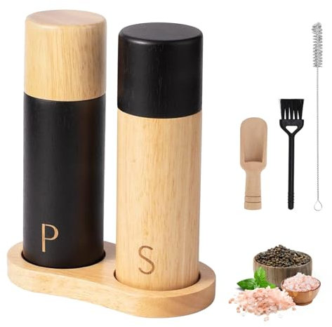 Foyucool Juego de Molinillo Pimienta Madera con Bandeja, 2 Molinillo Especias Manual, Grueso Ajustable, Rotor de Cerámica para Moler, para Chile, Lila, Pimienta, Sal, 7 Pulgadas, (Madera Negra)