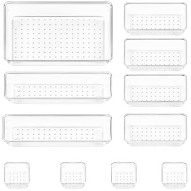 Strehknewen Set di 11 Organizer per Cassetti – Contenitori Trasparenti in Plastica con 4 Misure – Vaschette Impilabili per Trucco, Ufficio, Bagno e Cucina