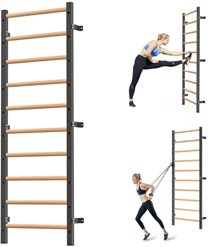 Kipika Gymnastic Stall Bar - 2x2 Swedish Ladder with 1 Hole, Wall Mounted Ladder Suspension Trainer, Solid Wood Grips Gymnastics Training Pull Up Bar for Home, Wall Gym, School