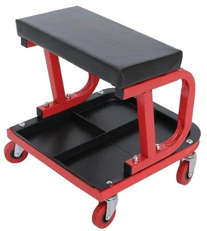Sbz Mechanics Trolley Seat with Tool Tray, Swivel Castors, and Oil-Resistant Vinyl Seat - 150kg Capacity