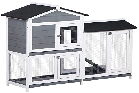 PawHut Conejera de Madera Exterior Jaula para Conejos de 2 Niveles con Techo Asfáltico 2 Corrales de Metal Bandeja Extraíble 2 Puertas y Rampa 157,4x53x93,5 cm Gris